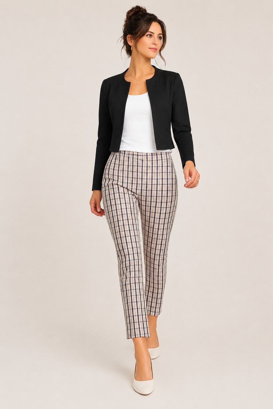 LR3609 A New Day Plaid Ankle Pants Women's 8 Tan Navy Check Career Workwear